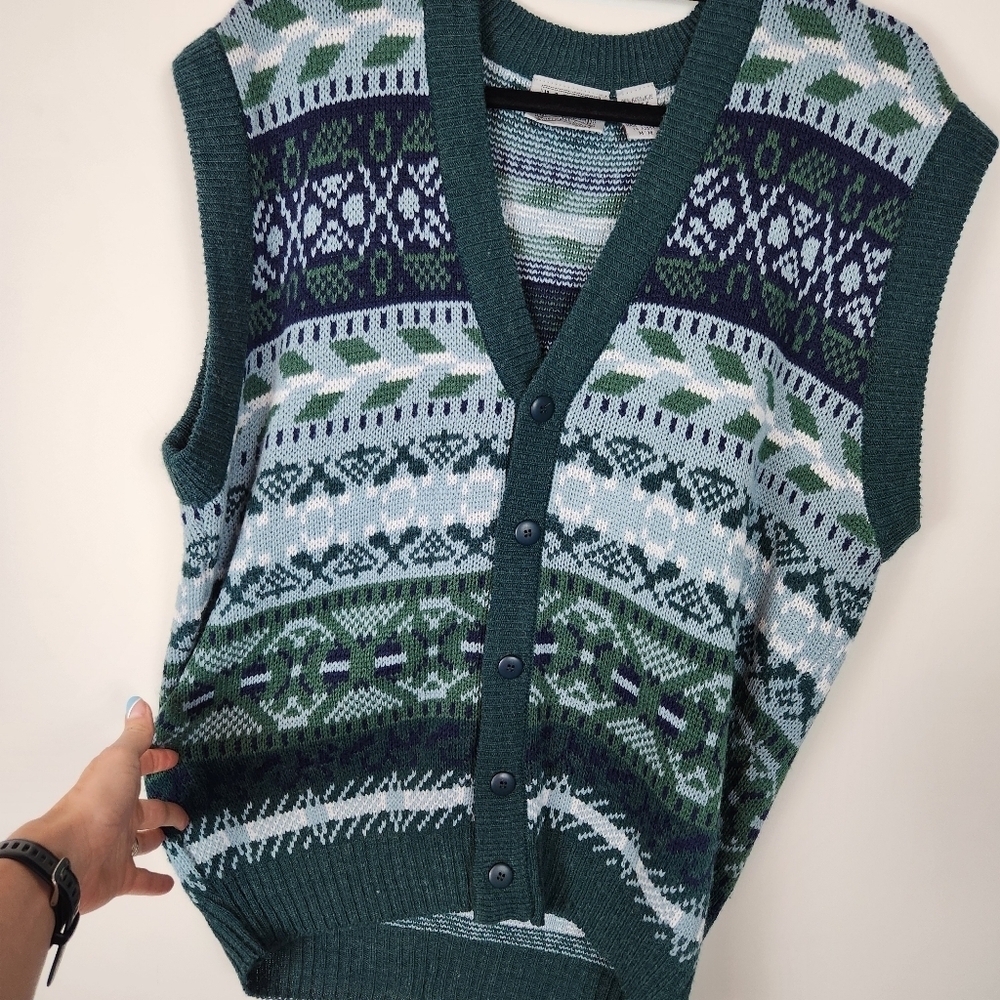Estate Vintage 90s Sweater Vest Button Front Cardigan Geometric Print Size M - Picture 4 of 10